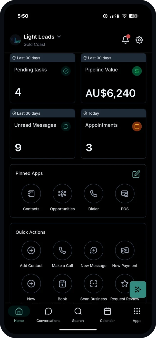 The Light Leads CRM mobile app dashboard on a phone