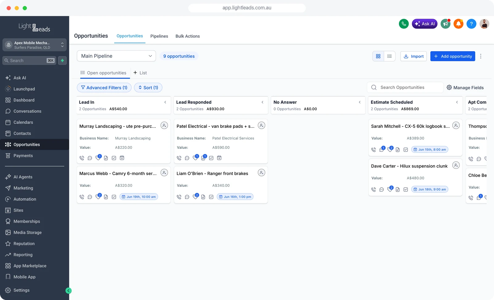 The Light Leads CRM pipeline board showing jobs moving through stages
