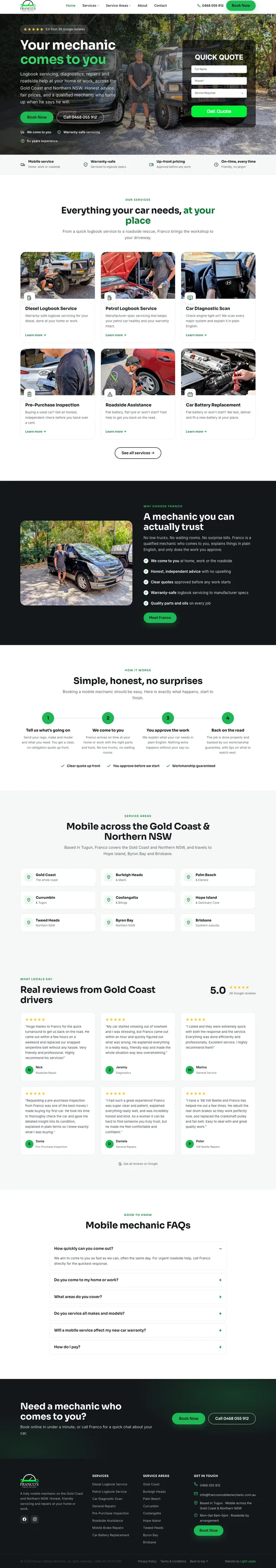 Franco's Mobile Mechanic website, built by Light Leads on the Gold Coast